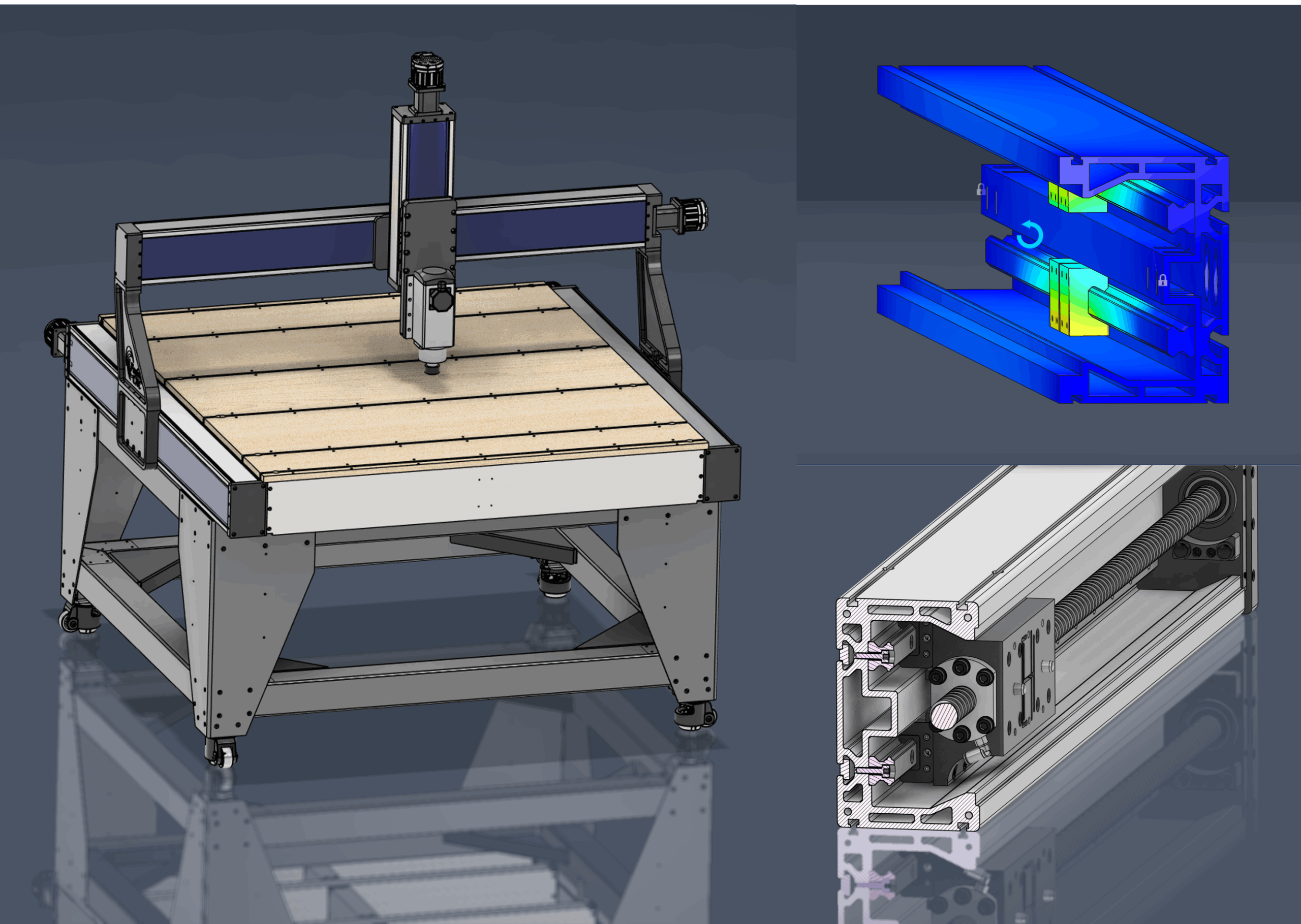 Composite graphic showing the Fusion Pro CNC machine, a structural stress simulation with color analysis, and a detailed cross-section of the Y-axis linear rail and ball screw system.