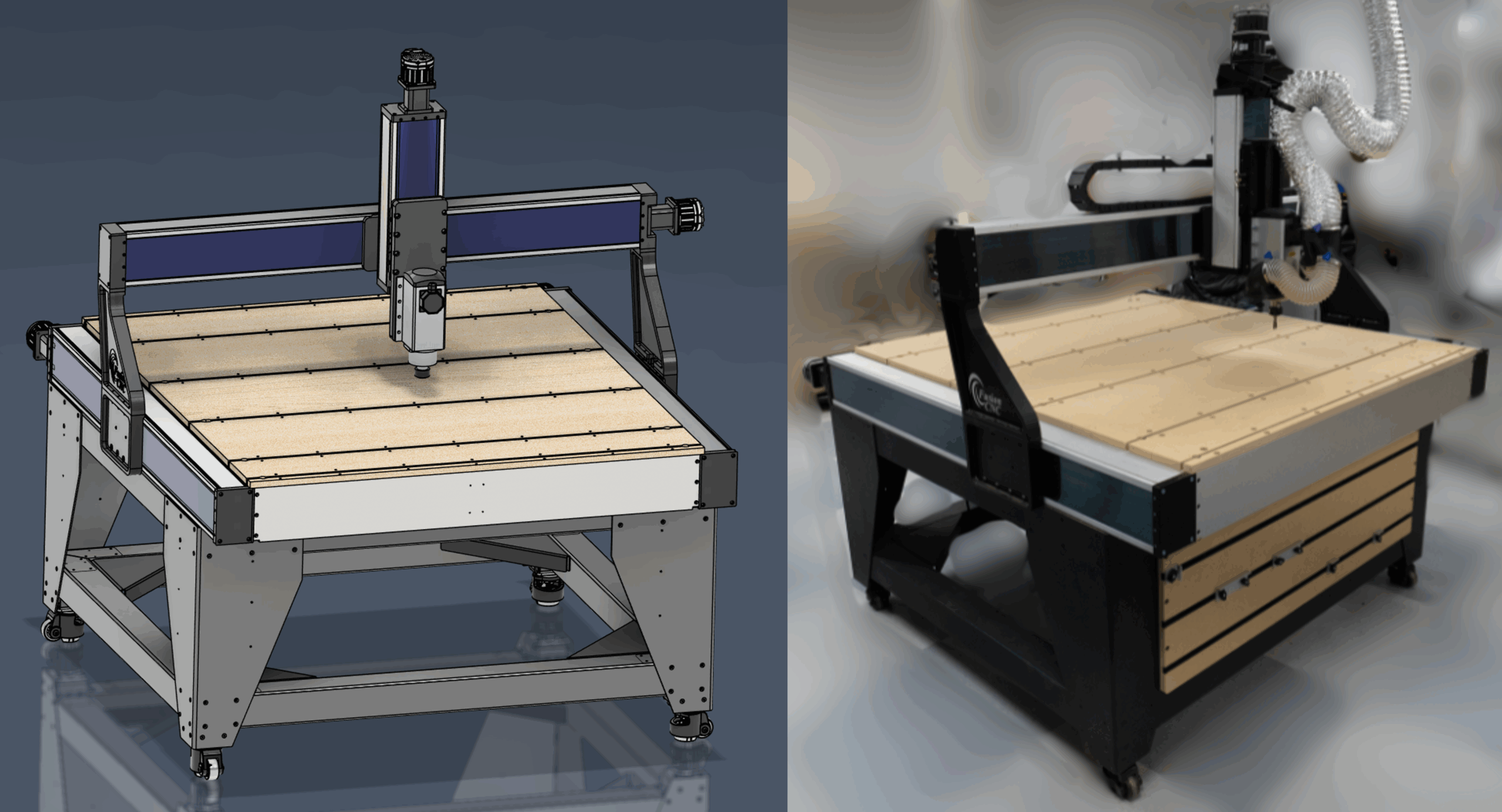 Side-by-side comparison of a CAD rendering and the real-world build of the Fusion Pro CNC, highlighting the machine’s design and physical execution.