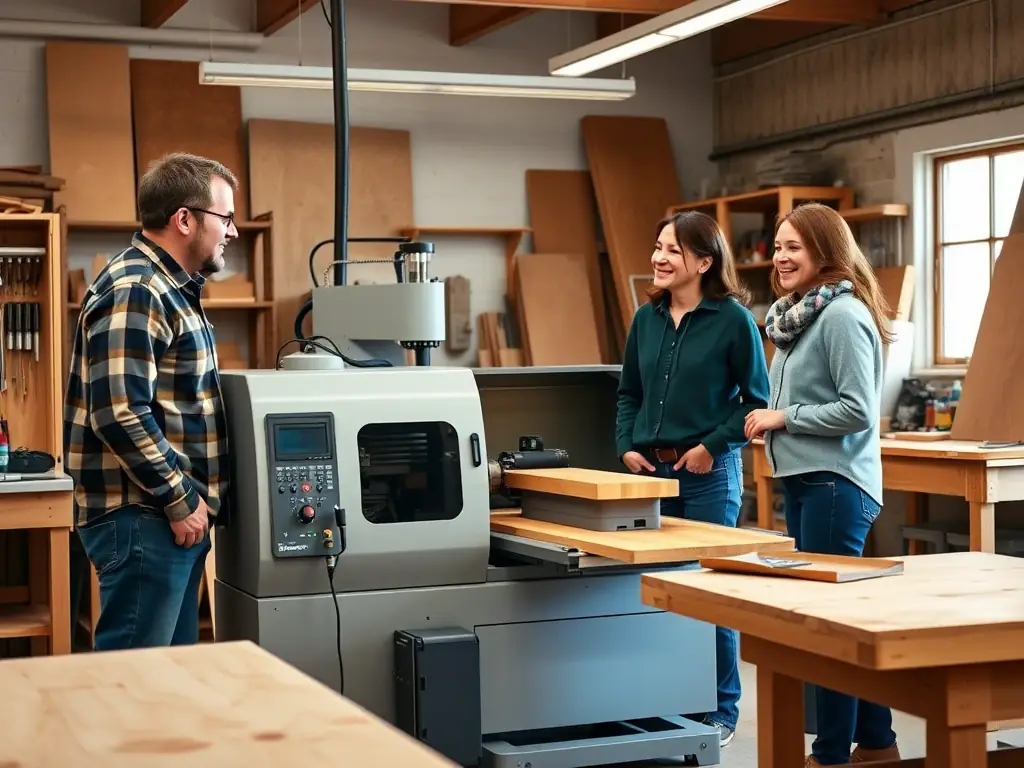 A group of local CNC enthusiasts gathered at Albuquerque Exotic Woods, participating in a workshop and exchanging ideas, emphasizing the sense of community and shared learning.