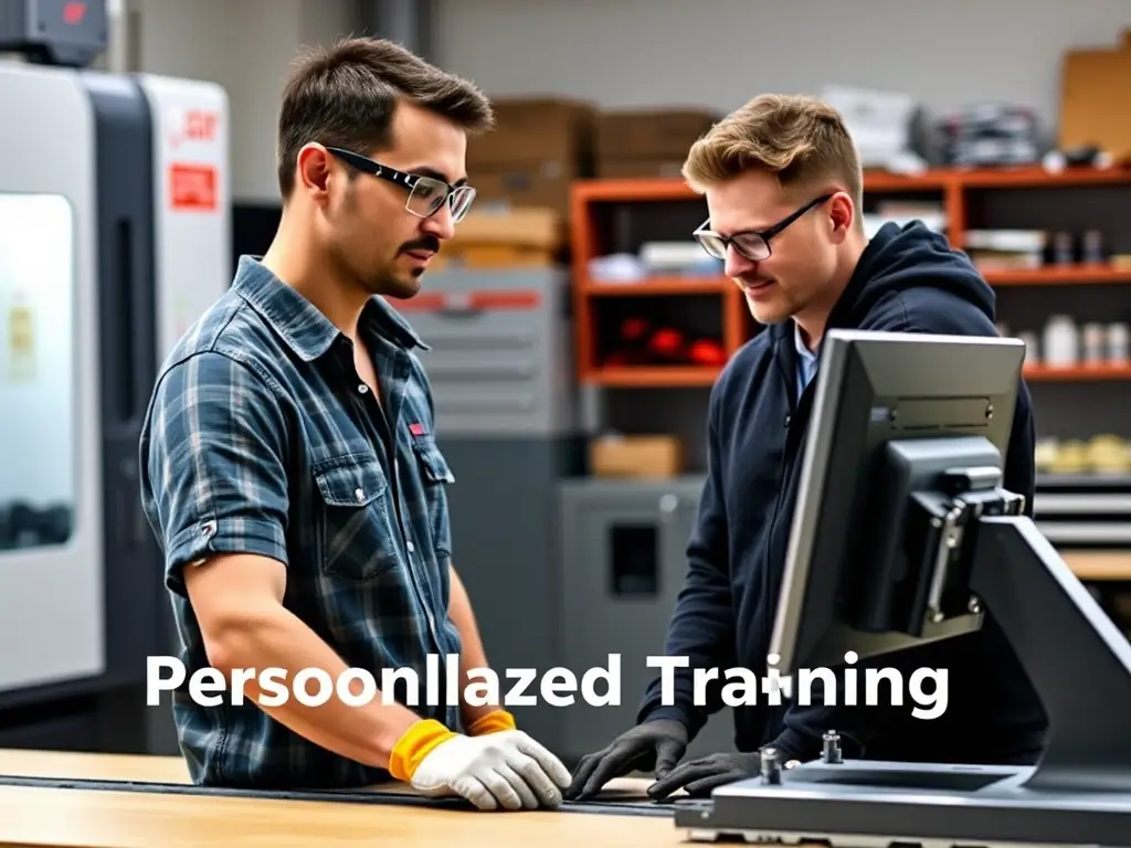 A photograph showcasing a customer receiving personalized training on a Fusion CNC machine at Albuquerque Exotic Woods, with a focus on the hands-on learning experience and expert guidance.