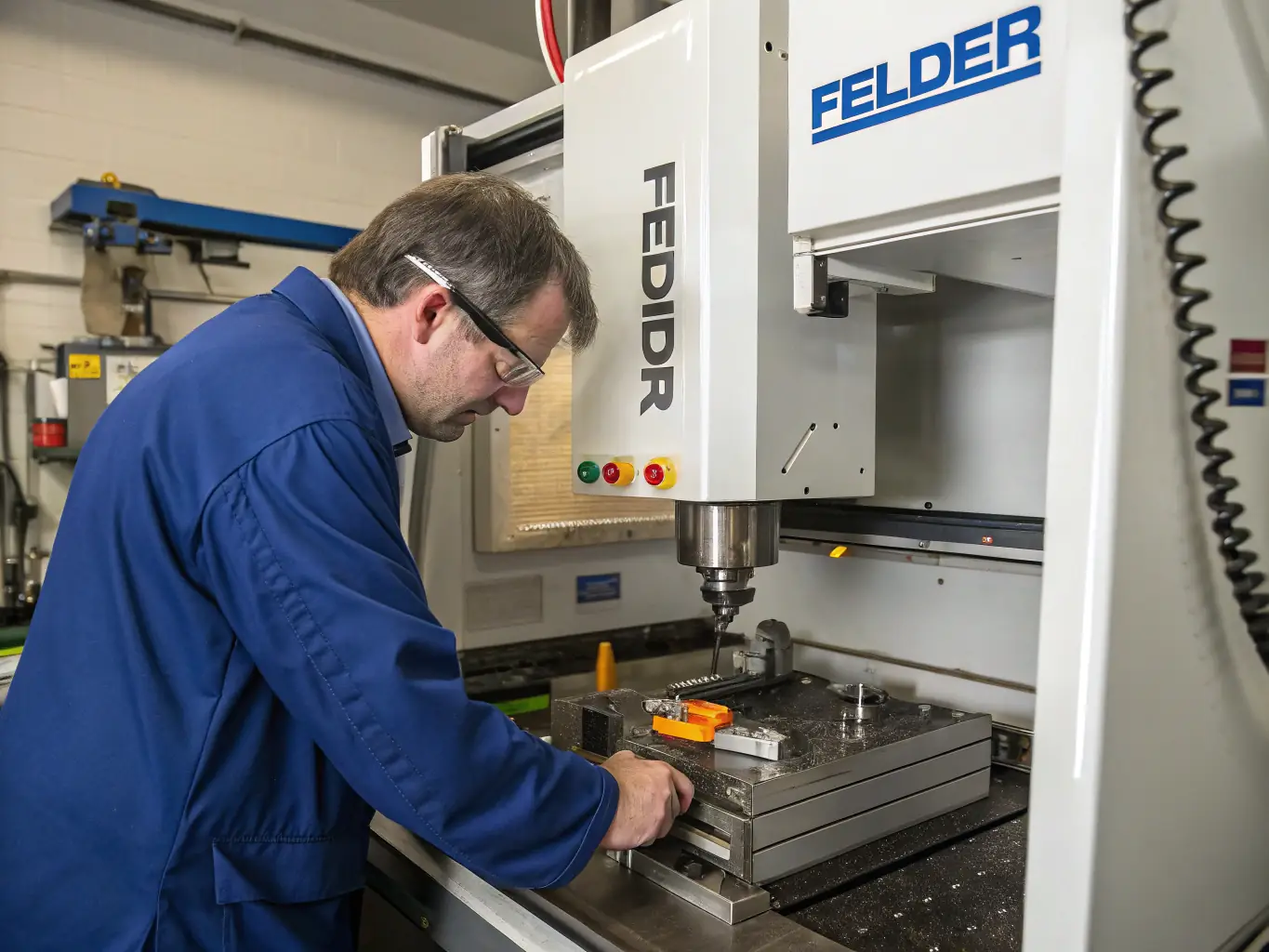 A photograph of a Fusion CNC machine being demonstrated at Albuquerque Exotic Woods, with a focus on the local support team assisting a customer.