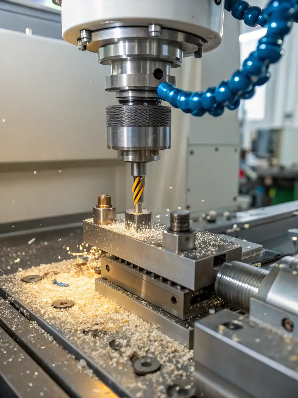 A close-up shot of a CNC machine cutting aluminum, with chips flying. The image should convey precision and efficiency.