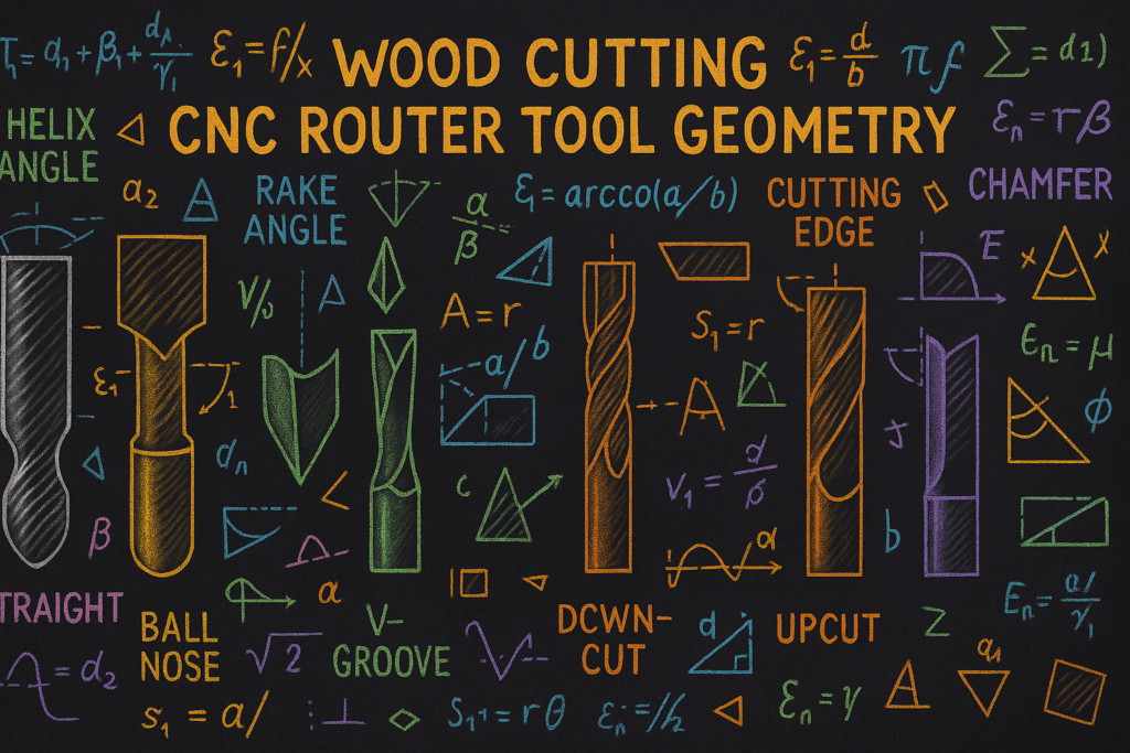 Colorful infographic of CNC router tool geometry with bits, formulas, and equations for wood cutting