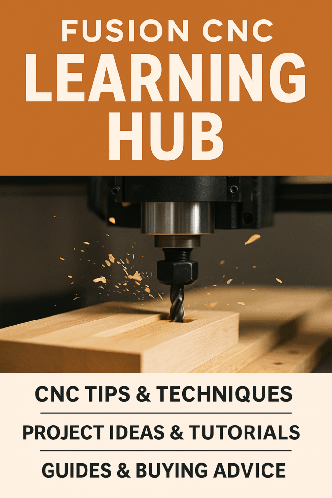 Fusion CNC Learning Hub magazine-style cover featuring a CNC router cutting wood with chips flying, highlighted with article topics: CNC tips & techniques, project ideas & tutorials, and buying guides.