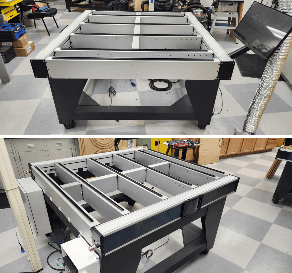 Fusion Pro CNC bare table and steel stand showing the rigid frame structure and crossmembers