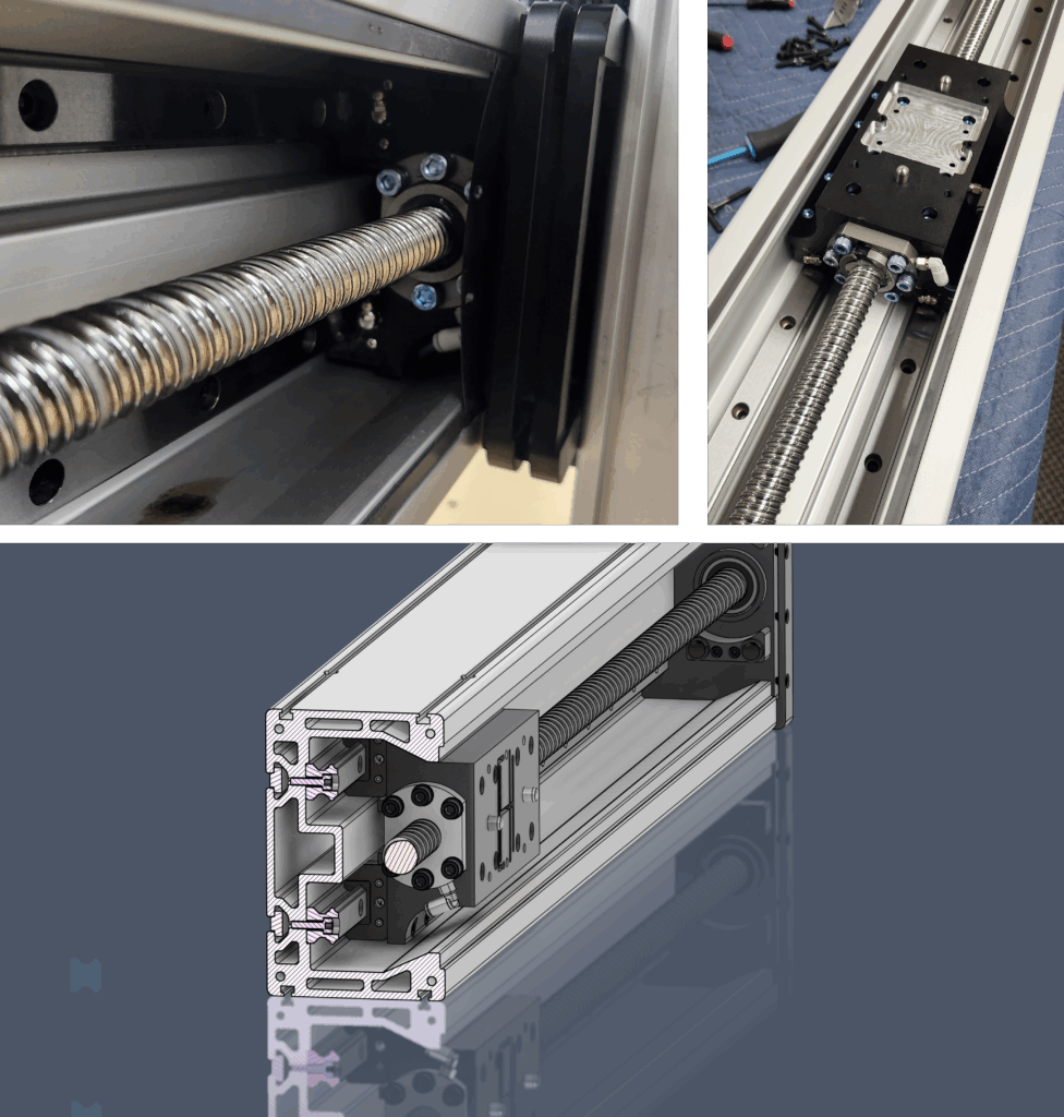“Fusion Pro CNC carriage assembly with C7 10mm roller ball screw, linear guide rails, bearings, and cross-section view of internal axis design for precision accuracy”