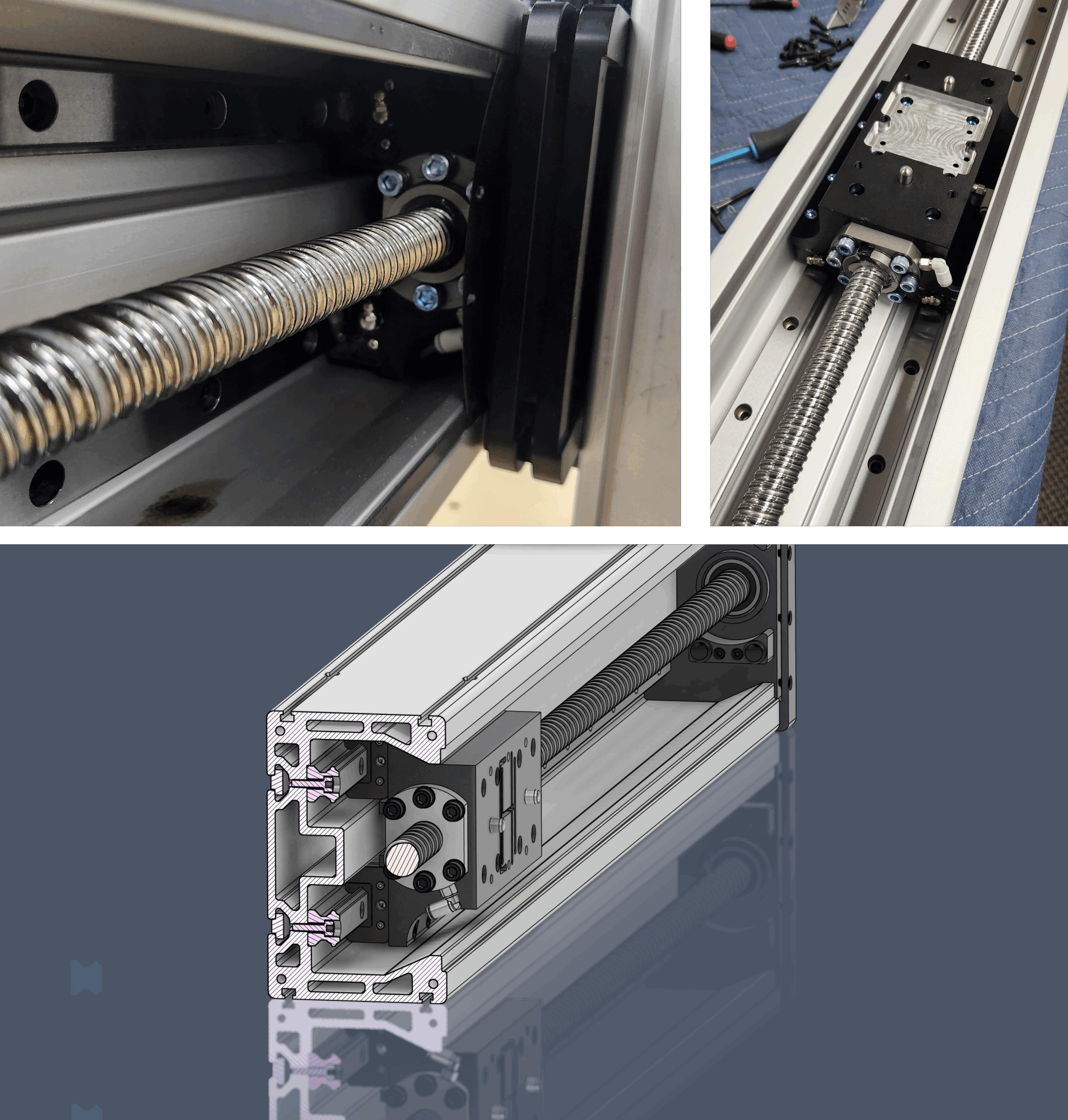 “Fusion Pro CNC carriage assembly with C7 10mm roller ball screw, linear guide rails, bearings, and cross-section view of internal axis design for precision accuracy”