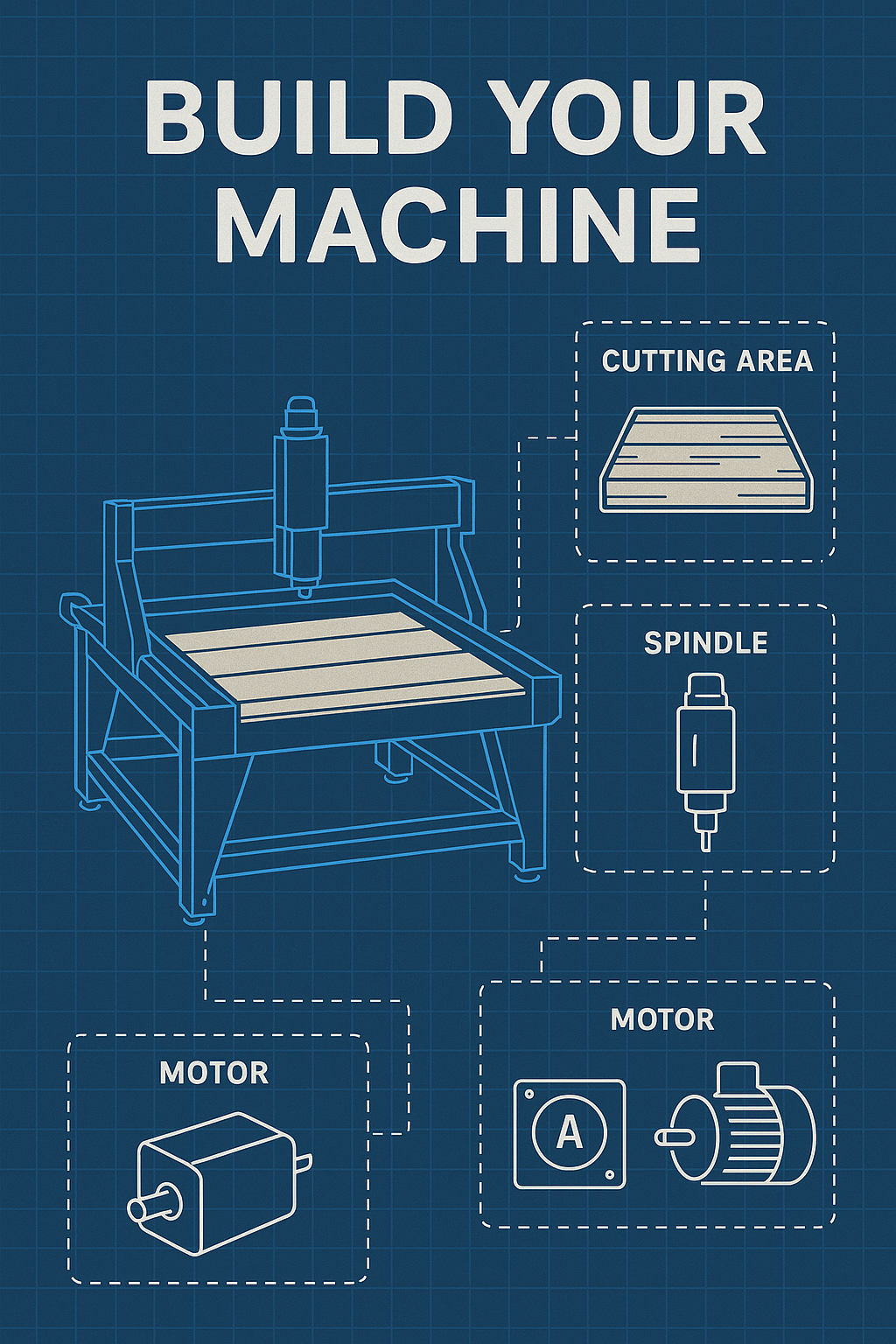 Blueprint-style illustration showing customizable CNC options with labels for cutting area, spindle, and motor, representing Fusion CNC’s “Build Your Machine” configurator.