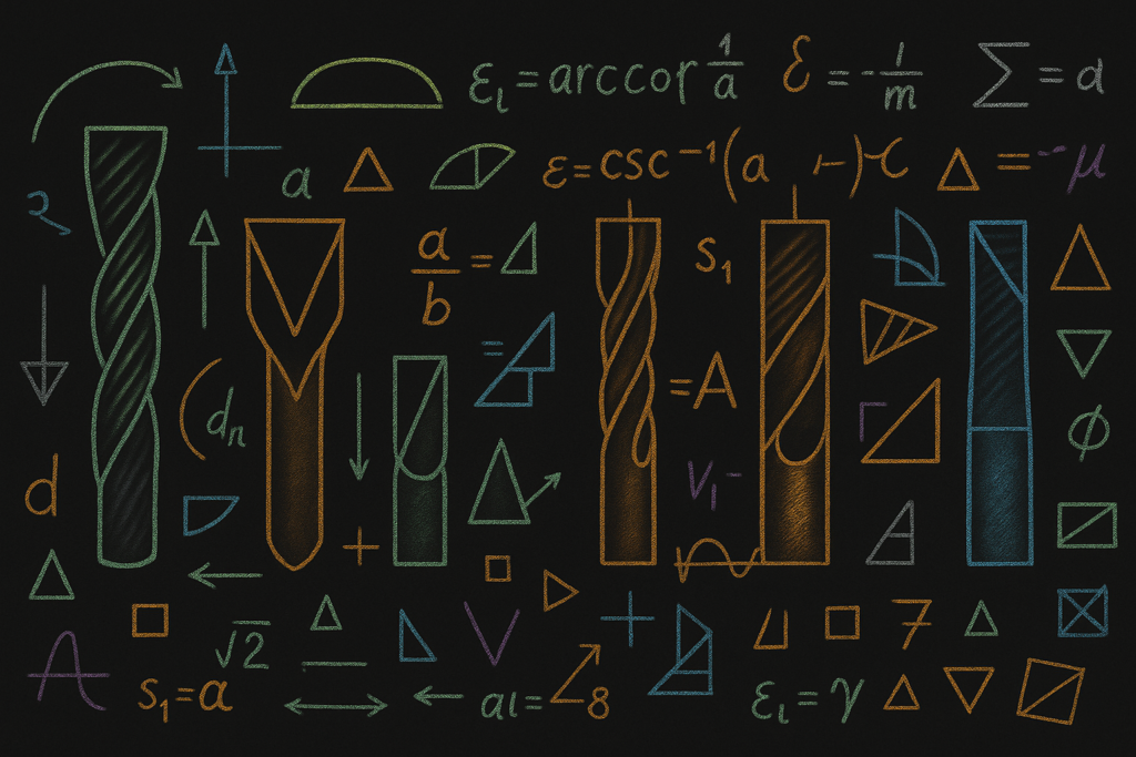 Chalkboard-style illustration showing various CNC router bits and cutting geometries drawn without labels, used to demonstrate tool behavior for wood, plastics, aluminum, and foam machining.