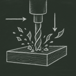 CNC router bits cutting wood showing chip load, cutting direction arrows, and feeds and speeds illustrated in chalk style