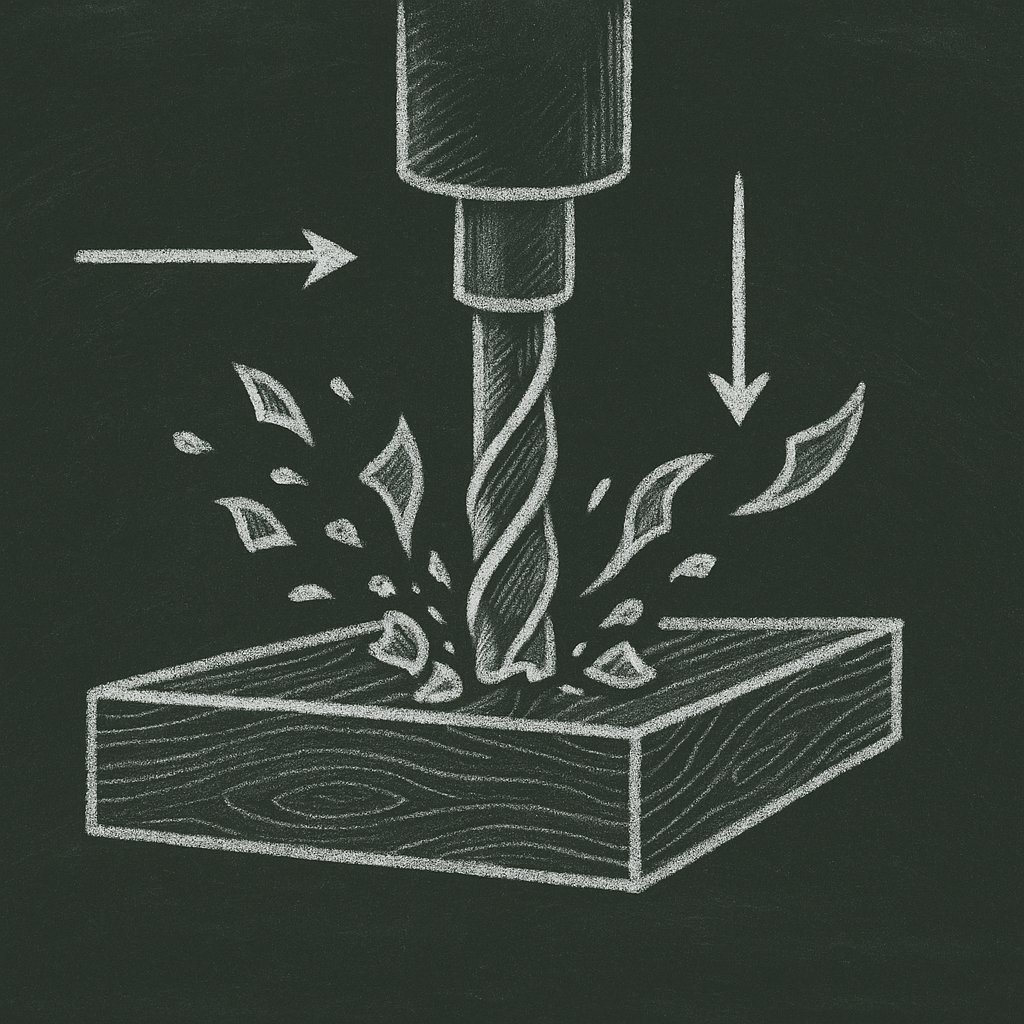 CNC router bits cutting wood showing chip load, cutting direction arrows, and feeds and speeds illustrated in chalk style