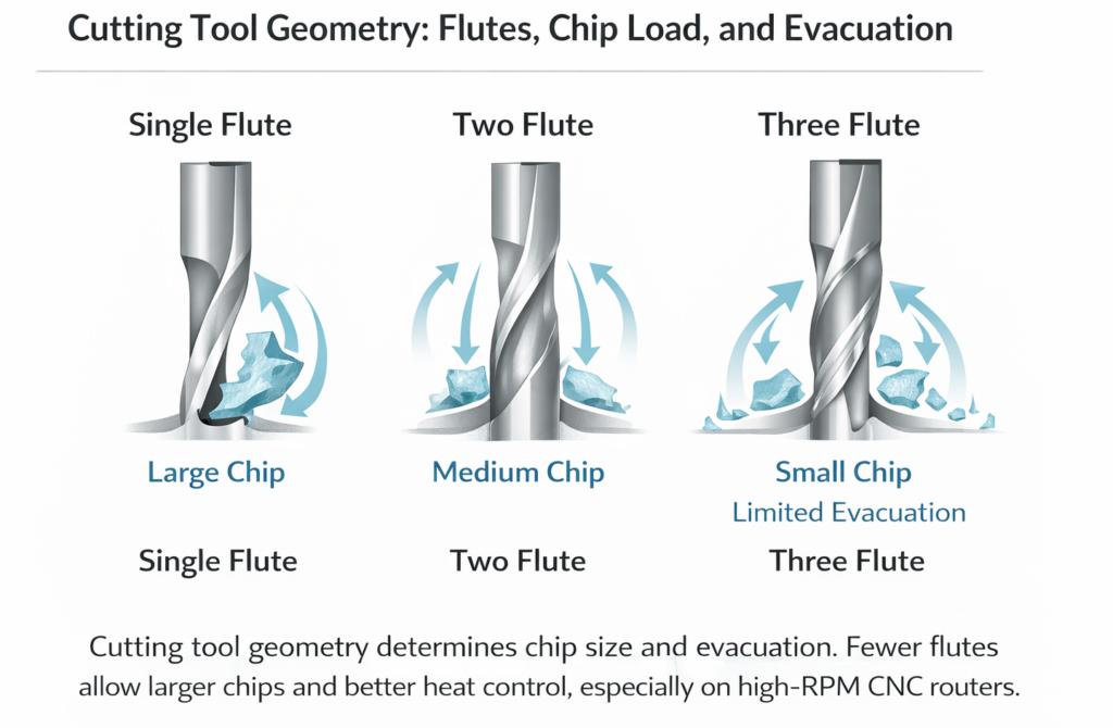 Diagram illustrating cutting tool geometry by flute count, showing how chip size and chip evacuation differ between single-flute, two-flute, and three-flute CNC cutters.
