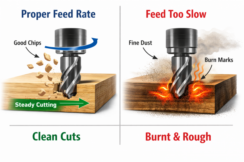 CNC Feeds and Speeds diagram showing chip load, feed rate direction, and cutter rotation during CNC routing