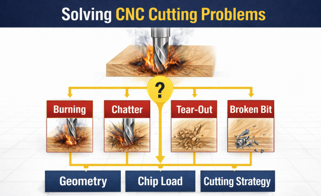 Illustration showing common CNC cutting problems including burn marks, chatter, tear-out, and poor surface finish during routing operations.