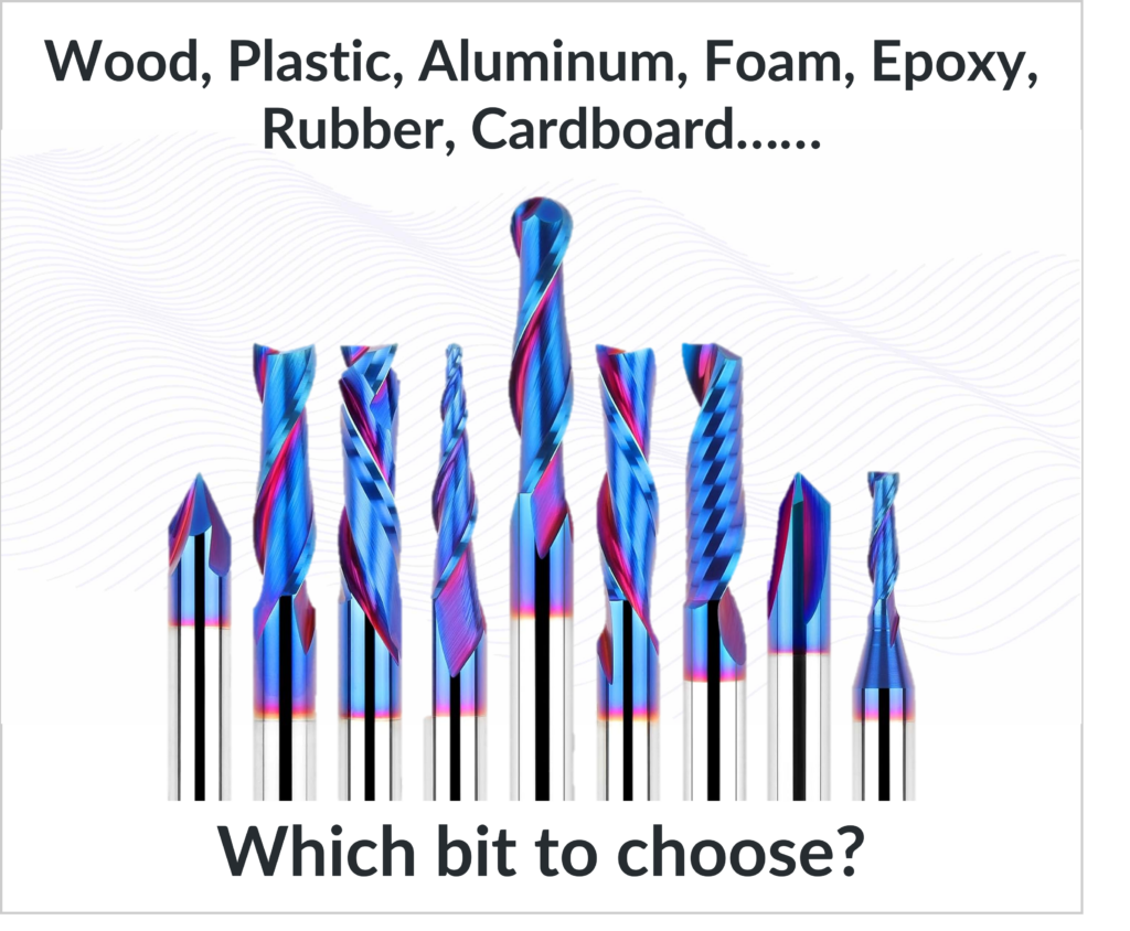 CNC router cutting tools illustrating different cutting tool geometry used for wood, plastic, aluminum, foam, epoxy, rubber, and cardboard.