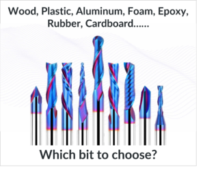 CNC router cutting tools illustrating different cutting tool geometry used for wood, plastic, aluminum, foam, epoxy, rubber, and cardboard.
