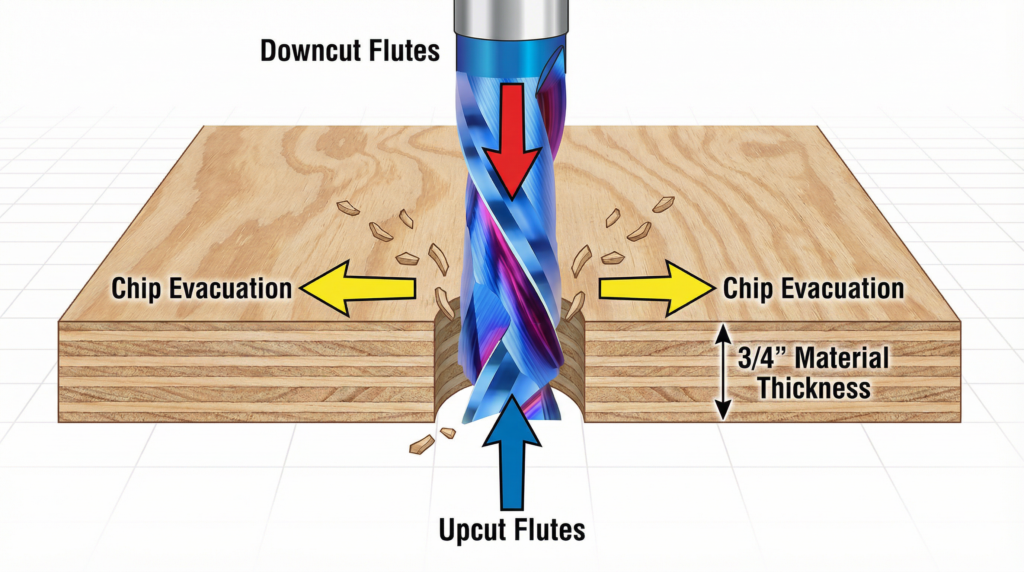 Compression bit showing upcut and downcut flutes controlling chip evacuation during CNC router cutting in wood