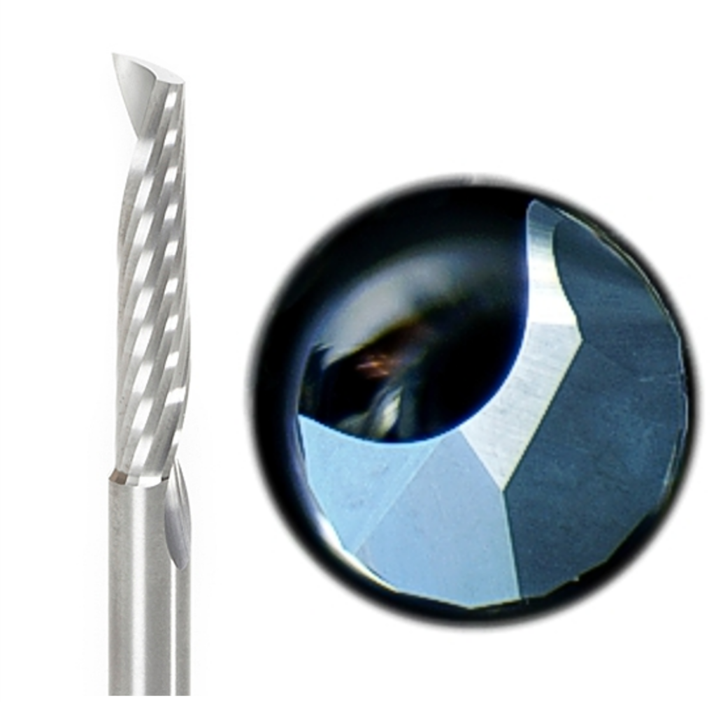 O-flute CNC router bit with polished single-flute geometry shown from the side and tip view, designed for clean chip evacuation in plastics machining.