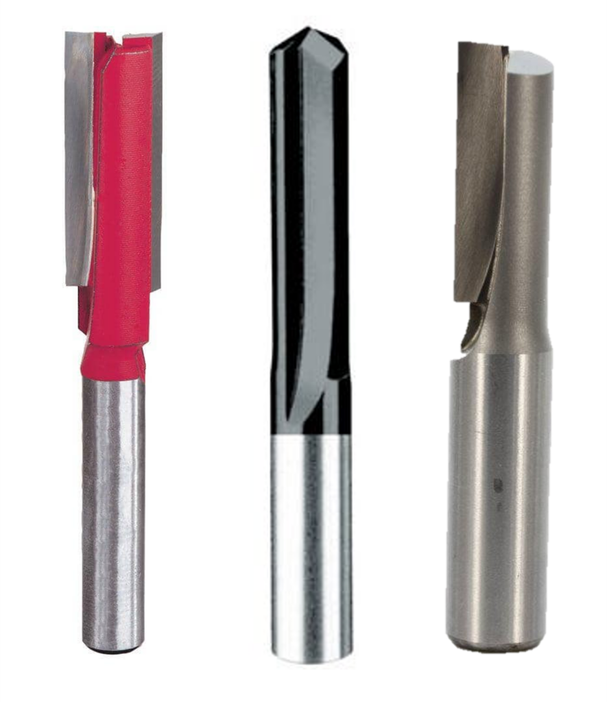 Three straight-flute CNC router bits shown side by side, illustrating cutting geometry for wood, plastics, foam, and composite materials.