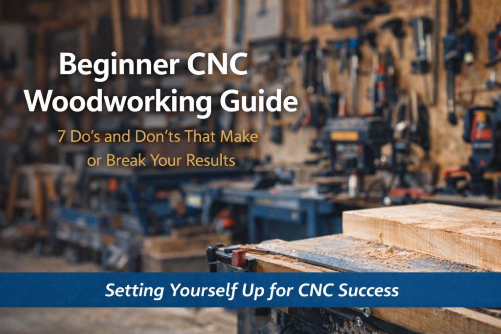 Beginner CNC Woodworking Guide with workshop background and woodworking setup concepts