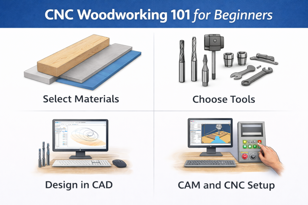 CS go EE alt textBeginner CNC woodworking guide showing materials, tools, CAD design, and CAM setup concepts for new CNC users
