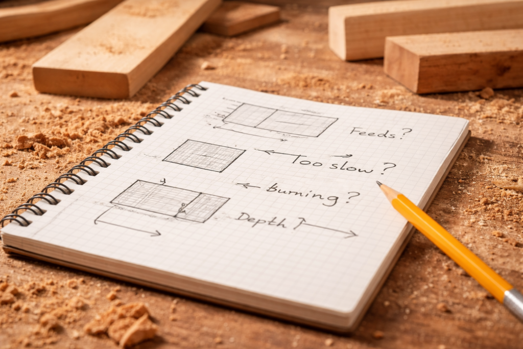 Notebook showing feeds and speeds notes illustrating common CNC woodworking mistakes beginners make when learning depth of cut and burn prevention