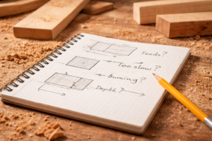 Notebook showing feeds and speeds notes illustrating common CNC woodworking mistakes beginners make when learning depth of cut and burn prevention