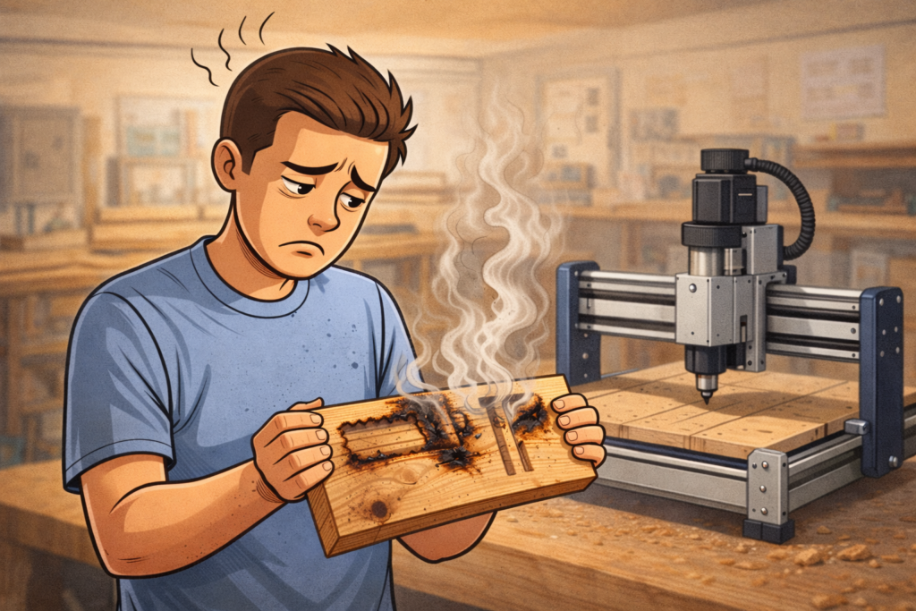 Cartoon illustration showing CNC woodworking mistakes as a beginner looks defeated holding a smoking board beside a clean hobby CNC machine