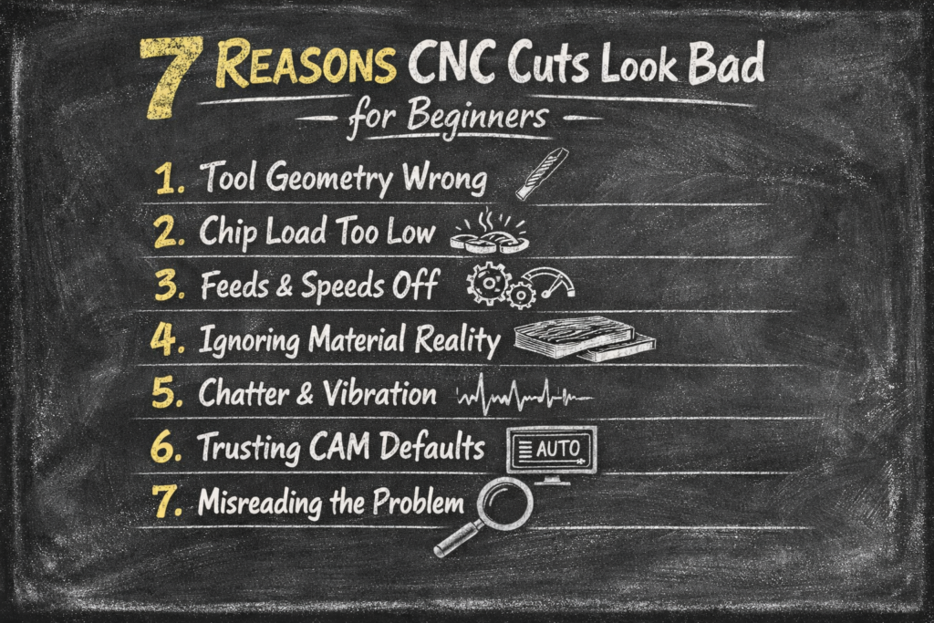 Chalkboard illustration listing seven reasons why CNC cuts look bad for beginners, including tooling, chip load, feeds and speeds, and material reality