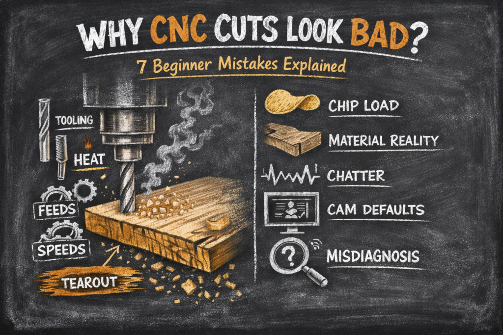 Chalkboard-style diagram explaining why CNC cuts look bad, showing tooling, feed rate, chip load, and material behavior for beginners