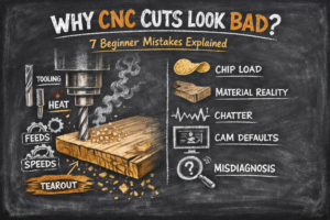 Chalkboard-style diagram explaining why CNC cuts look bad, showing tooling, feed rate, chip load, and material behavior for beginners