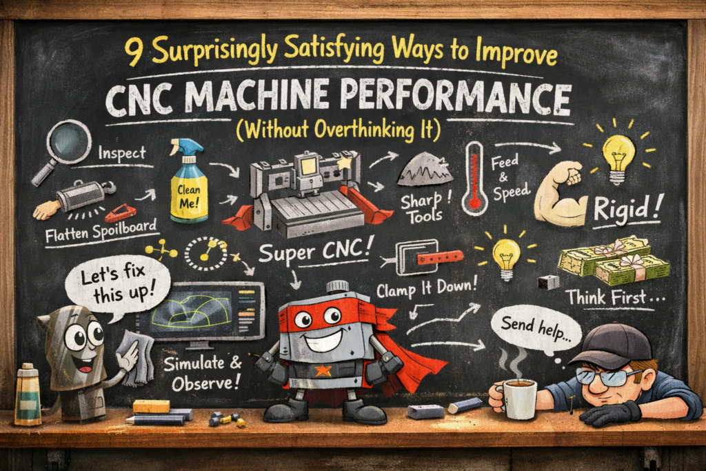 Humorous workshop illustration showing improved CNC machine performance with a confident CNC router cutting clean material and a frustrated machine in the background.