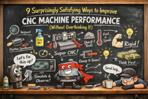 Humorous workshop illustration showing improved CNC machine performance with a confident CNC router cutting clean material and a frustrated machine in the background.