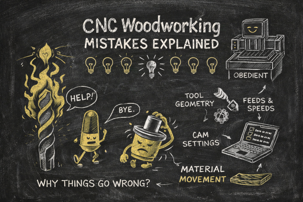 Chalkboard illustration explaining CNC woodworking mistakes beginners make with feeds, speeds, and cutting fundamentals