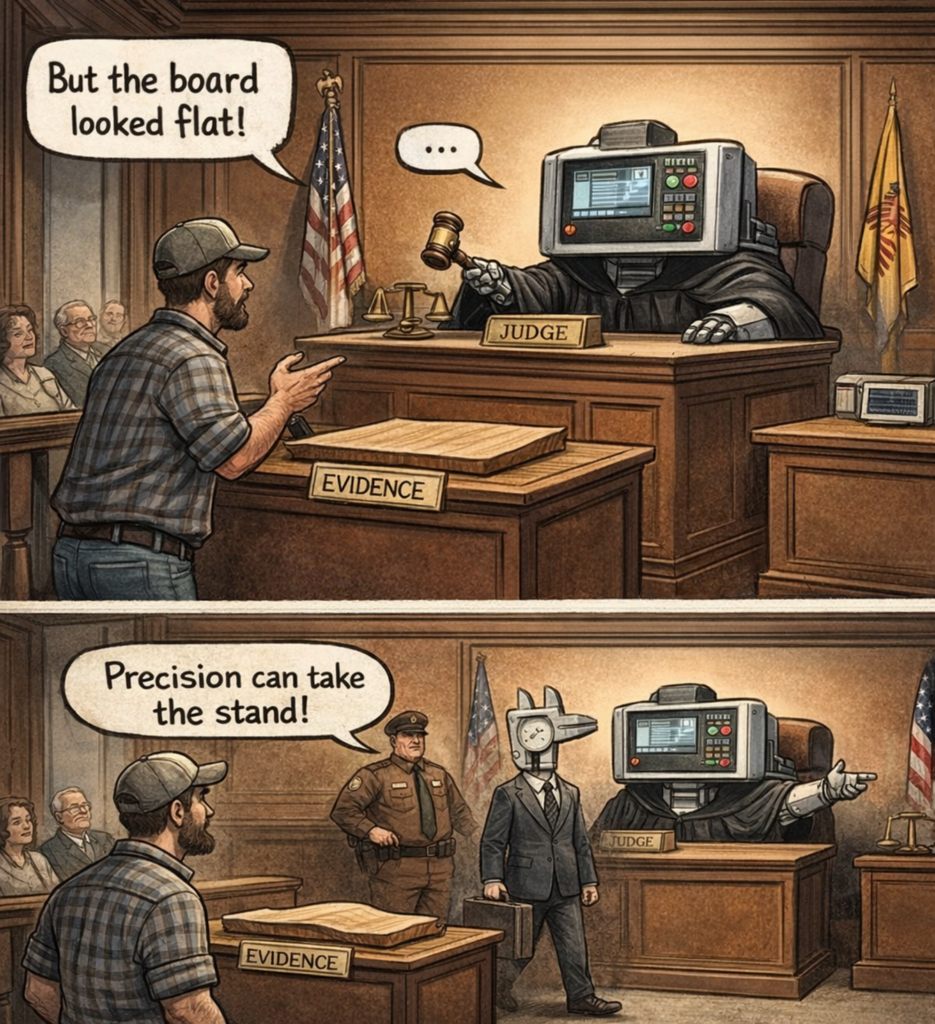 Two-panel comic illustrating CNC woodworking mistakes where a board looked flat until precision revealed it was warped in a courtroom scene
