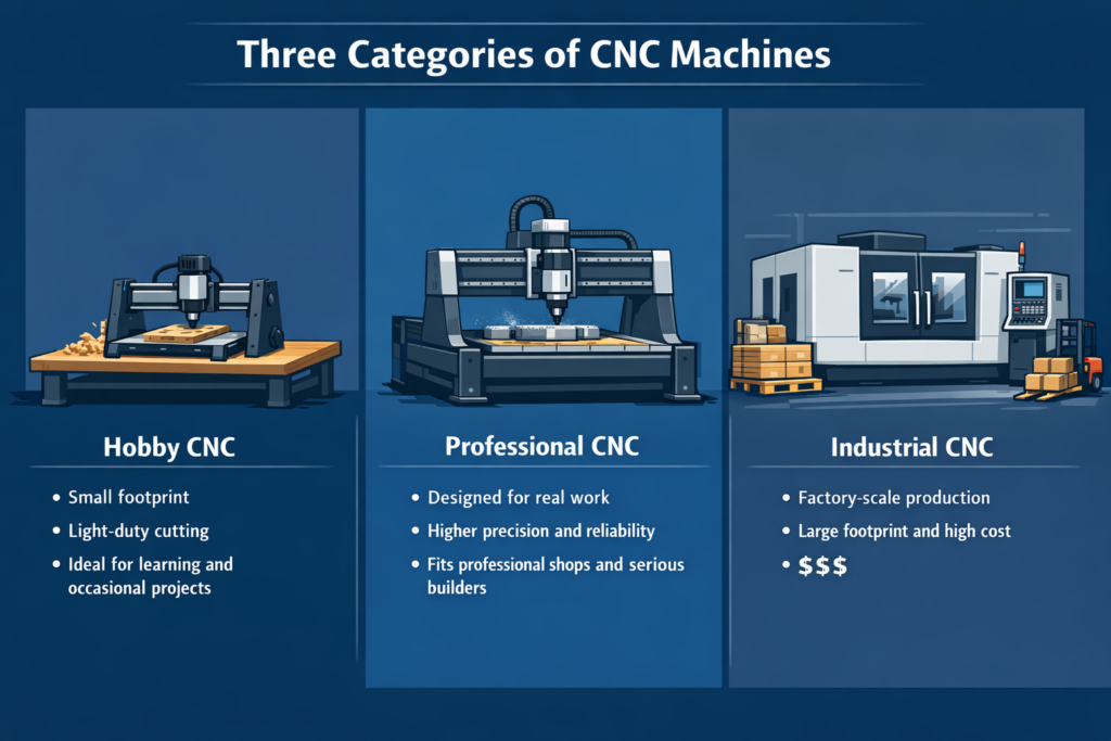 Illustrated diagram showing the three common categories of CNC machines: hobby CNC machines, professional CNC machines, and industrial CNC systems.