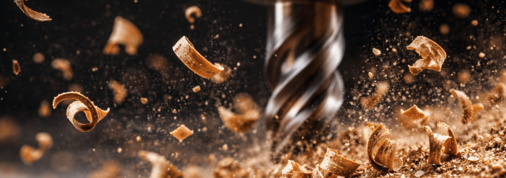 Close-up of a CNC end mill cutting wood and producing curled chips that demonstrate proper chip load, feeds, and speeds during machining