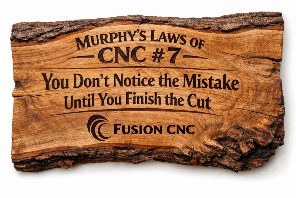 Murphy’s Law of CNC #7 carved into a live edge wood sign by Fusion CNC showing “You don’t notice the mistake until you finish the cut”