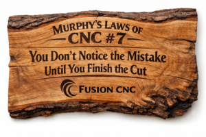 Murphy’s Law of CNC #7 carved into a live edge wood sign by Fusion CNC showing “You don’t notice the mistake until you finish the cut”