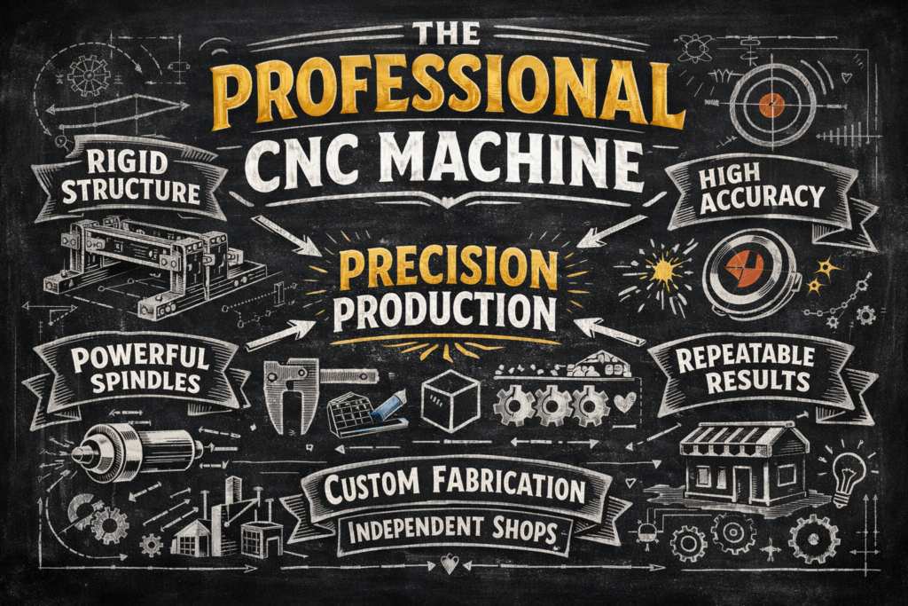 Illustrated diagram showing the core components and design principles that define a professional CNC machine, including rigid frame structure, precision motion systems, powerful spindle options, and reliable control systems.