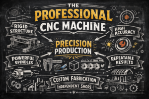 Illustrated diagram showing the core components and design principles that define a professional CNC machine, including rigid frame structure, precision motion systems, powerful spindle options, and reliable control systems.