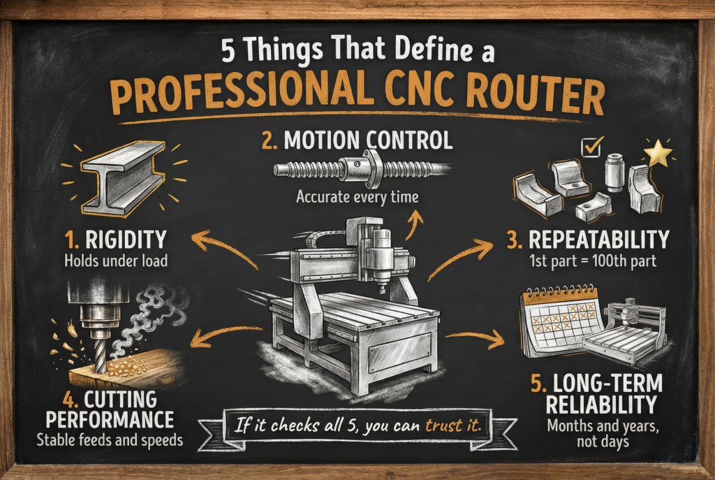 Chalkboard diagram showing five key characteristics of a professional CNC router including rigidity, motion control with ball screw, repeatability, cutting performance, and long-term reliability