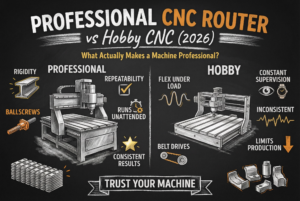 Chalkboard comparison of professional CNC router vs hobby CNC machine showing rigidity, ball screws, repeatability, and consistent production versus flex, belt drives, and inconsistent results